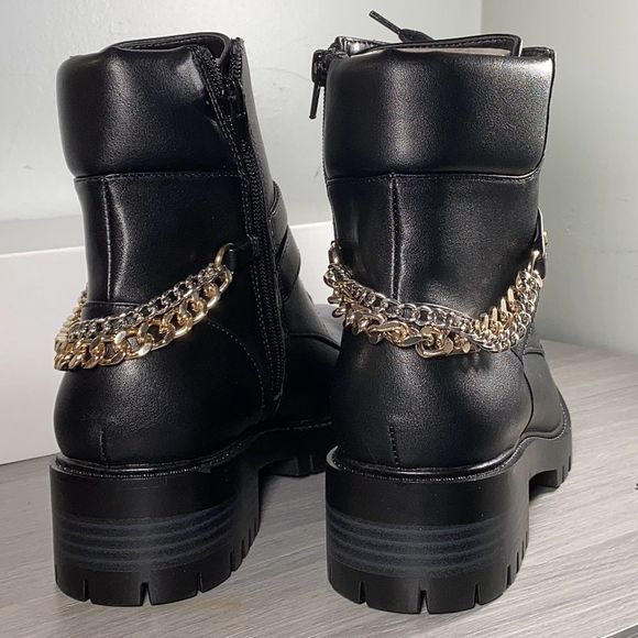 Rachel Zoe Combat Boots with chunky heel and gold & silver chain accents, Black - Picture 6 of 6
